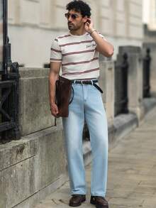 YOUESAWY YOUESAWY Men's Casual Red Striped Pattern T-Shirt, Suitable For Summer, School, Outing, Friend Gift - Apricot - View 3