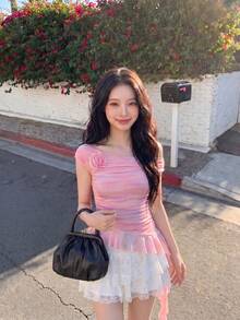 SHEIN MOD Women's Light Pink Summer Effortless Chic Date T-Shirt,Colorful Tie Dye Print Asymmetrical Shoulder 3D Flower Ruffle Hem Bodycon Floral Beach Tee - Multicolor - View 4