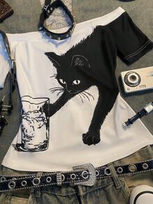 IslaSuriya 女款 Y2K 趣味貓咪印花露肩 T-shirt - 復古 2000 年代風格 - 彩色 - 查看 4