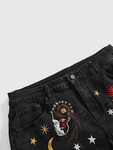 ROMWE Grunge Punk Y2K 千禧復古星月占星刺繡大尺碼牛仔捲邊短褲 - 黑色 - 查看 6