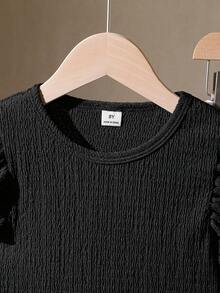 SHEIN 女童 2 件套針織紋理圓領短袖上衣與梭織印花直筒長褲套裝，休閒度假風，適合春夏季日常穿著與度假 - 黑色 - 查看 5