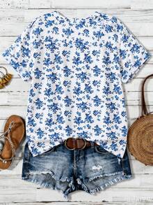 Linhara Women's Plus Size Floral Print V-Neck Casual Daily Summer Shirt - Blue - View 2