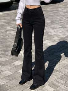 DAZY Women's High Waist Pocket Flare Casual Versatile Jeans - Black - View 10