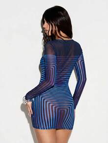 KIZN Wave Print Mesh Yoke Long Sleeve Bodycon Mini Dress Club Night Out Party - Blue - View 2