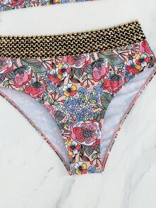 Swim Lushoire 女款海灘度假花卉印花交叉設計比基尼兩件式泳衣（聚攏托高內建鋼圈，隨機印花）米色熱帶夏季 - 彩色 - 查看 10