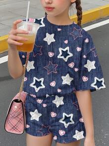 少女圓領短袖星星圖案復古甜美時尚T恤 - 彩色 - 查看 3