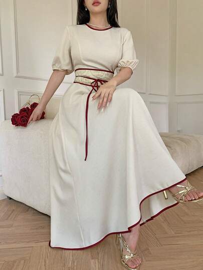 Celisse Solid Color Waist Cinched Elegant Women's Long Dress