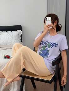 DAZY 女款字母與葡萄印花短袖上衣與長褲睡衣套裝 - 霧霾藍 - 查看 6
