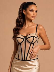 Glamrae Camiseta de tirantes casual versátil de corte ajustado con bloques de color para mujer - Albaricoque - Ver 8