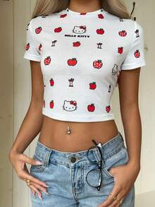CovetEZ HELLO KITTY AND FRIENDS | SHEIN 休閒簡約圖案圓領短袖修身短版女款T恤 - 白色 - 查看 1