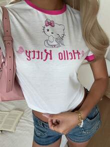 CovetEZ HELLO KITTY AND FRIENDS | SHEIN 休閒極簡圖案圓領短袖修身短版女款T恤 - 白色 - 查看 6