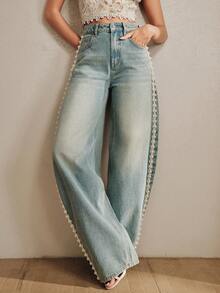 Anewsta Faux Pearl Washed Blue Vintage Crescent Moon Loose Relaxed Versatile Women's Jeans - Blue - View 7