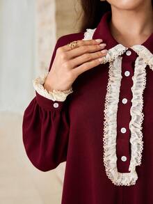 SHEIN Najma Women's Casual Elegant Arabian Dress With Polo Collar, Contrast Color Patchwork, Lace Trim, Long Sleeves, Button Front, Flared Hem And Textured Fabric - Burgundy - View 2