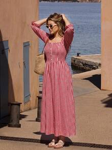 Vivid Eden Plus Size Vacation Casual Plaid Dress - Red - View 6