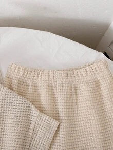 SHEIN 青少年女孩純色圓領短袖T恤與長褲休閒套裝 - 卡其色 - 查看 9