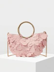 MOTF Bolso de mano de mujer con lentejuelas rosas, asa redonda, bolso semi-redondo exquisito, brillante y sencillo, adecuado para citas y fiestas, vacaciones de verano, viajes, , playa, bohemio, a juego - Rosa Pálido - Ver 6