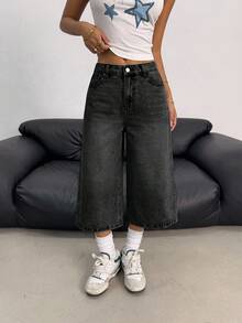 SHEIN Girlism 青少年女孩休閒百搭日常穿著牛仔褲，附口袋與鈕扣 - 黑色 - 查看 4