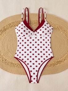Swim Mod Women's One-Piece Plaid Swimsuit With Spaghetti Strap For Spring/Summer Beach Vacation - Red and White - View 6