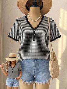 Breezaya Plus Size Women's French Style Elegant Button Half-Placket Lace Patchwork Contrast Color Top Holiday Black And White Summer - Black and White - View 5