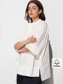 Maija 大尺碼女款白色夏季商務休閒辦公正式襯衫，柔軟透氣緞面蝙蝠袖短袖寬鬆上衣，適合秋季萬聖節 - 白色 - 查看 6