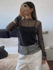 FRIFUL Women's Casual Slim Fit Mesh Sheer Layered High Neck Long Sleeve Blouse With Ruched Cuffs Going Out Tops - Black - View 9