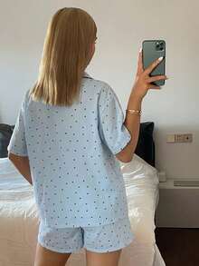 DAZY 女款波點拼色短袖上衣與短褲休閒居家睡衣套裝，適合夏季日常穿著 - 藍色 - 查看 2