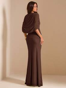 SHEIN BAE Autumn Dark Brown Mesh Shawl Evening Gown, High Neck Draped Pleated Tie-Up Fitted Mermaid Long Dress, Elegant Wedding Formal Guest Party Dress - Coffee Brown - View 2