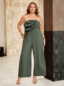 Roveilla Plus Size Women Solid Color Patchwork Ruffle Strapless Wide Leg Elegant Jumpsuit - Green - View 4