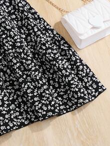 SHEIN 少女黑色碎花针织拼接A字休闲度假连衣裙 - 黑色 - 查看 4
