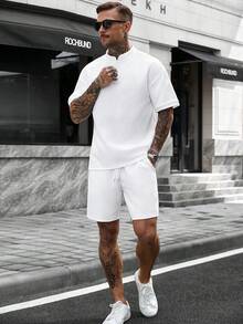 Manfinity CasualCool 男士立領 Polo 衫套裝，針織提花面料，時尚百搭風格，適合日常穿著，送給男朋友或丈夫的理想禮物 - 白色 - 查看 5