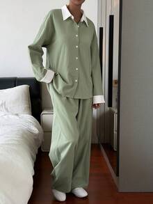 DAZY Conjunto de Roupa de Descanso Feminino com Top de Manga Longa de Abotoamento Único e Calça em Cores Contrastantes para o Outono - Verde - Visão 6