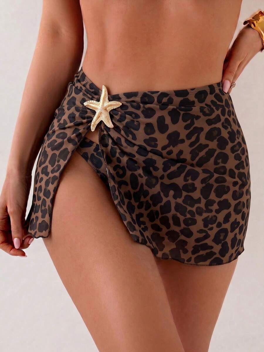 SHEIN Swim 女款豹紋金屬海星裝飾休閒度假遮陽罩裙 - 彩色 - 查看 1