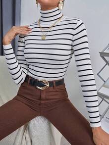 SHEIN 女款條紋拼接高領修身百搭長袖針織衫 - 黑與白 - 查看 4