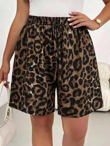 Shapeblank Plus Size Women's Loose Leopard Print Fabric Shorts, Casual Vacation Style, Suitable For Summer - Coffee Brown - View 3