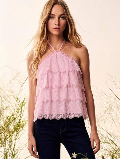 Willow Rêve Women's Pink Floral Ruffle Lace Layered Halter Top, Boho Elegant Style, Valentine's Day, Romantic Vacation Summer