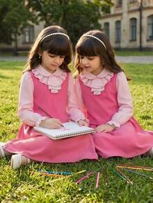 Conjunto casual de top y falda 2 en 1 con patchwork, volantes, rayas y manga larga para niña preadolescente - Rosa - Ver 9