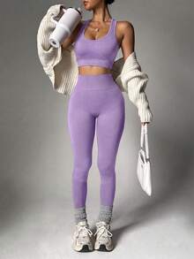 Easithlete 女款純色短版上衣與高腰長褲休閒日常運動套裝 - 淡紫色 - 查看 5