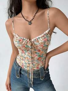 Cévolie Plus Size French Floral Cami Top, Lace Trim Ruched Front Slim Fit Corset Style Spaghetti Strap Blous - Multicolor - View 4