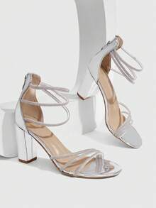 CUCCOO SZL Ladies High Heels Bold Heels Sandals Rhinestones Banquet Party Prom Silver Women's Shoes Dating Sexy - Silver - View 1