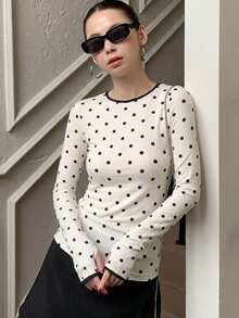 FRIFUL Women's Round Neck Flocked Polka Dot Fitted Tight Contrast Edge T-Shirt Long Sleeve - Beige - View 11