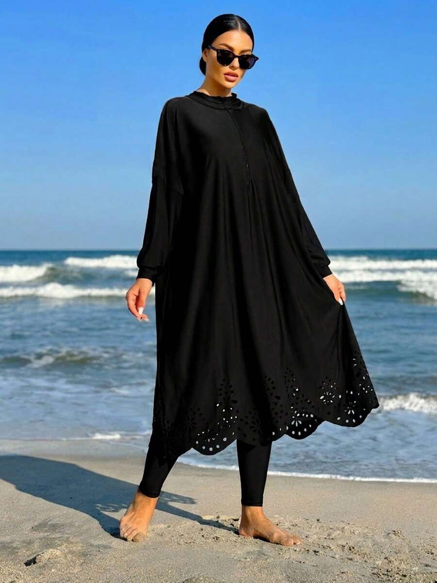 Swim Mulvari Women's Burkini Laser Cutout Bohemian Loose Full Coverage Modest Elegant Half-Zip Pullover Swimsuit Spring Summer Muslim - Black - View 1