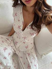DAZY 2pcs Women Summer Elegant Butterfly Print Top & Wide Leg Pajama Pants Set - Baby Pink - View 3