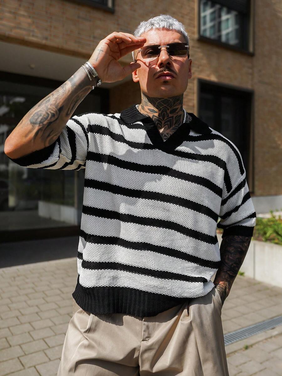 Artur Kramer Unisex Loose Striped Casual Minimalist Business Commute Polo Collar Short Sleeve Knit Pullover Top, Spring/Summer/Autumn - Apricot - View 1
