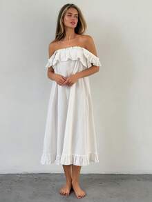 Livesso Women's Solid Color Patchwork Ruffle Flutter Sleeve Nightgown - White - View 5