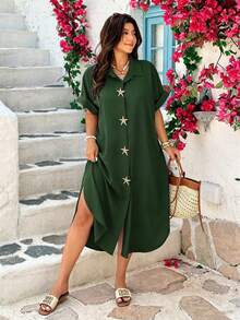 Vionelle Plus Size Women's Metal Starfish Decor Casual Elegant Party Vacation Dress Dark Green Summer - Army Green - View 5