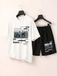 Chillumni Men's Slogan Print Crew Neck Short Sleeve T-Shirt And Drawstring Waist Shorts Set - Multicolor - View 4
