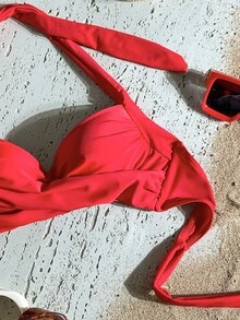 Swim Basics Women's Summer Beach Criss-Cross Halter Bikini Top, Push-Up With Underwire - Red - View 5