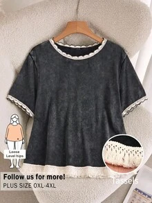 CosyJoli 大尺碼夏季休閒簡約百搭條紋寬鬆女款圓領T恤 - 黑色 - 查看 7