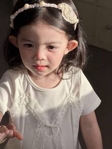 Dazy Kids Young Girls 2 In 1 Lace Patchwork Round Neck Short Sleeve T-Shirt, Fall Clothes - White - View 7