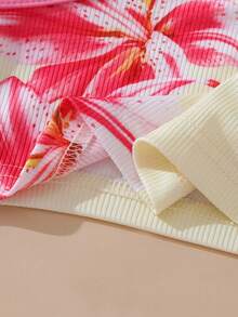 SHEIN Elladie kids 2件組青少年女孩掛脖背心上衣，開學季 7歲生日/1歲生日款，領口花卉印花羅紋針織，純色荷葉邊套裝，幼兒房風紫色，秋季 - 粉色 - 查看 7